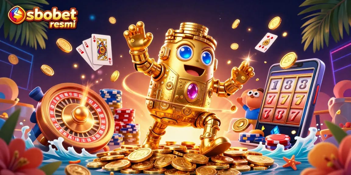 Engage with sbobet resmi featuring a golden golem, coins, and vibrant casino elements in a rich scene.