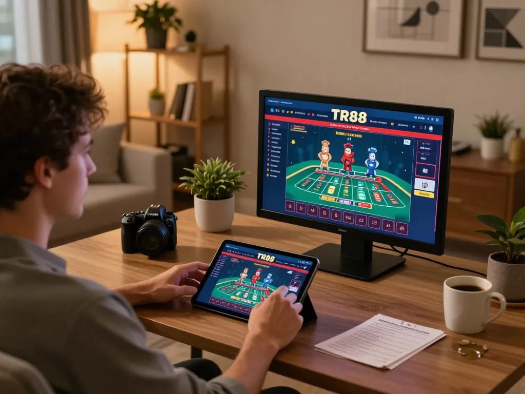 Experience thrilling baccarat gameplay on TR88 in a cozy home setup with tablet and strategic notes.