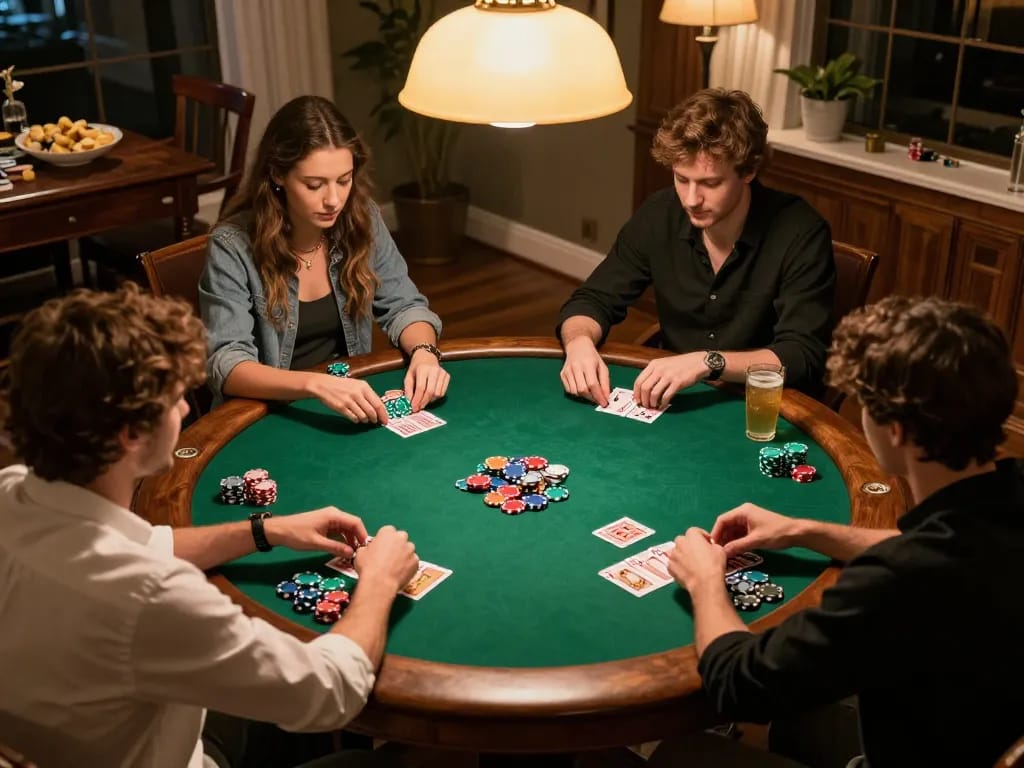 Players engaging in an intense SC88 poker game, focusing on their hands and strategies in a cozy home setting