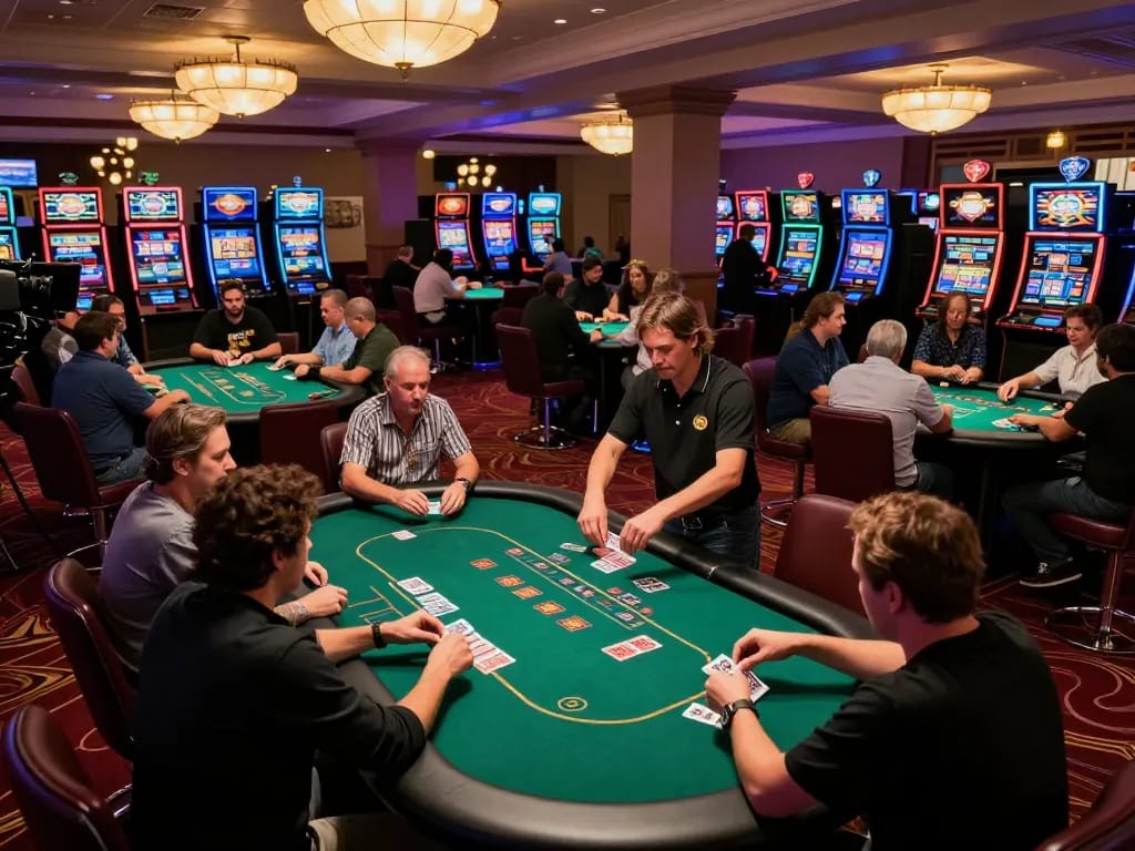 KJC players enjoying an exciting game night at a sophisticated casino with vibrant atmosphere