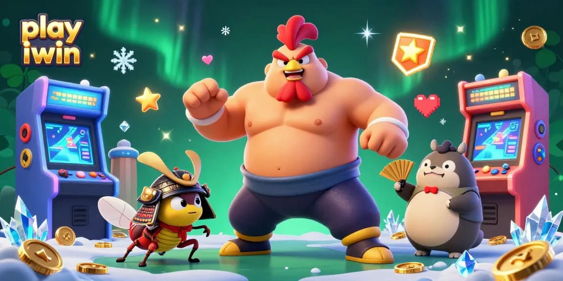 Play iwin with an intense gambling-themed 3D scene featuring a sumo rooster and lively game machines.