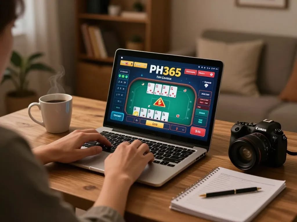 Player enjoying a live casino game on PH365 from a cozy home setup, emphasizing online gaming.
