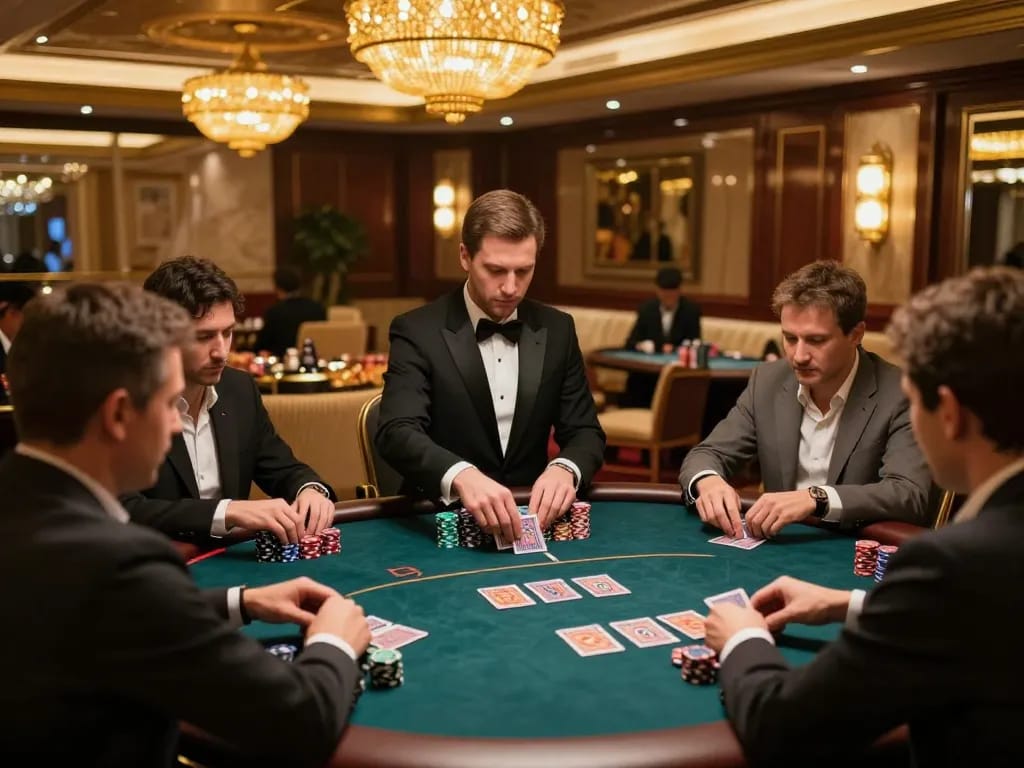 SUNWIN poker players strategizing around an elegant table, showcasing high-stakes gameplay.
