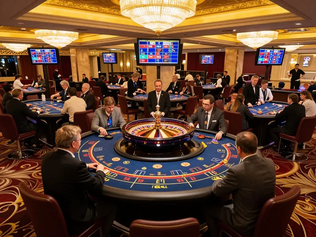 Kuwin - Players strategizing their bets at exciting casino tables in a vibrant gaming atmosphere