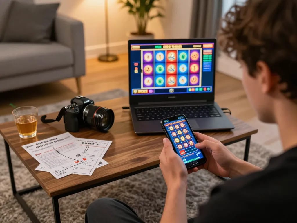 Engaging player enjoying the 789p mobile casino app, showcasing dynamic gameplay in a cozy environment