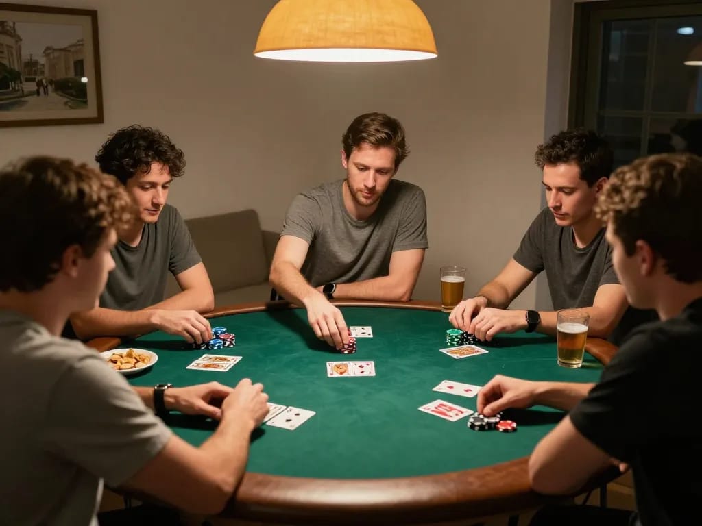 Engage in a thrilling home poker night with friends at gen-e, showcasing strategic gameplay.