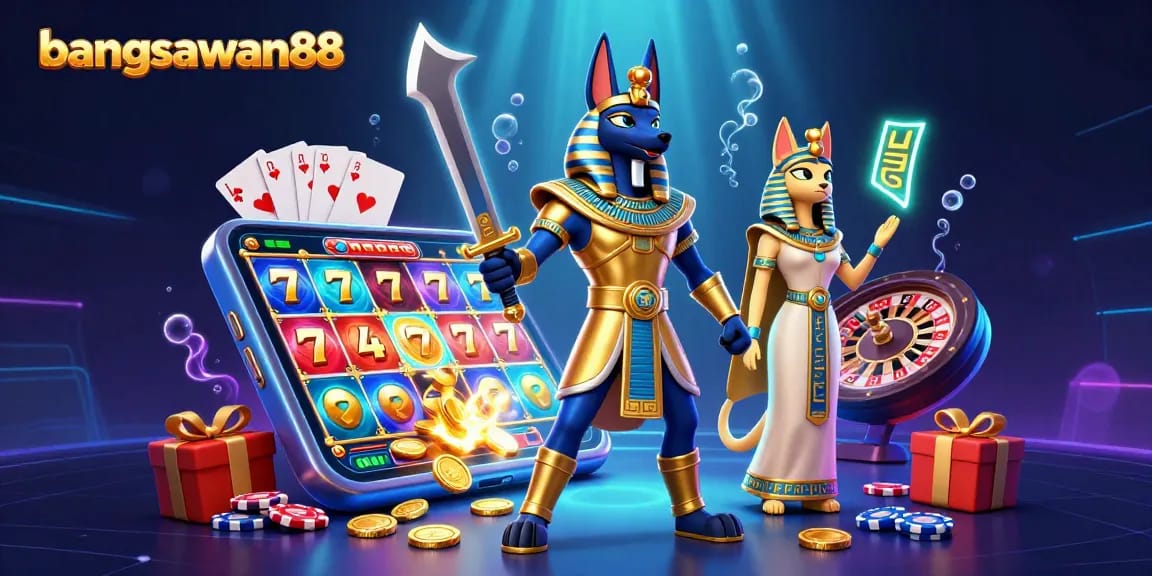 Bets and wins at bangsawan88 illustrated by ancient Egyptian warriors and vibrant slot games.