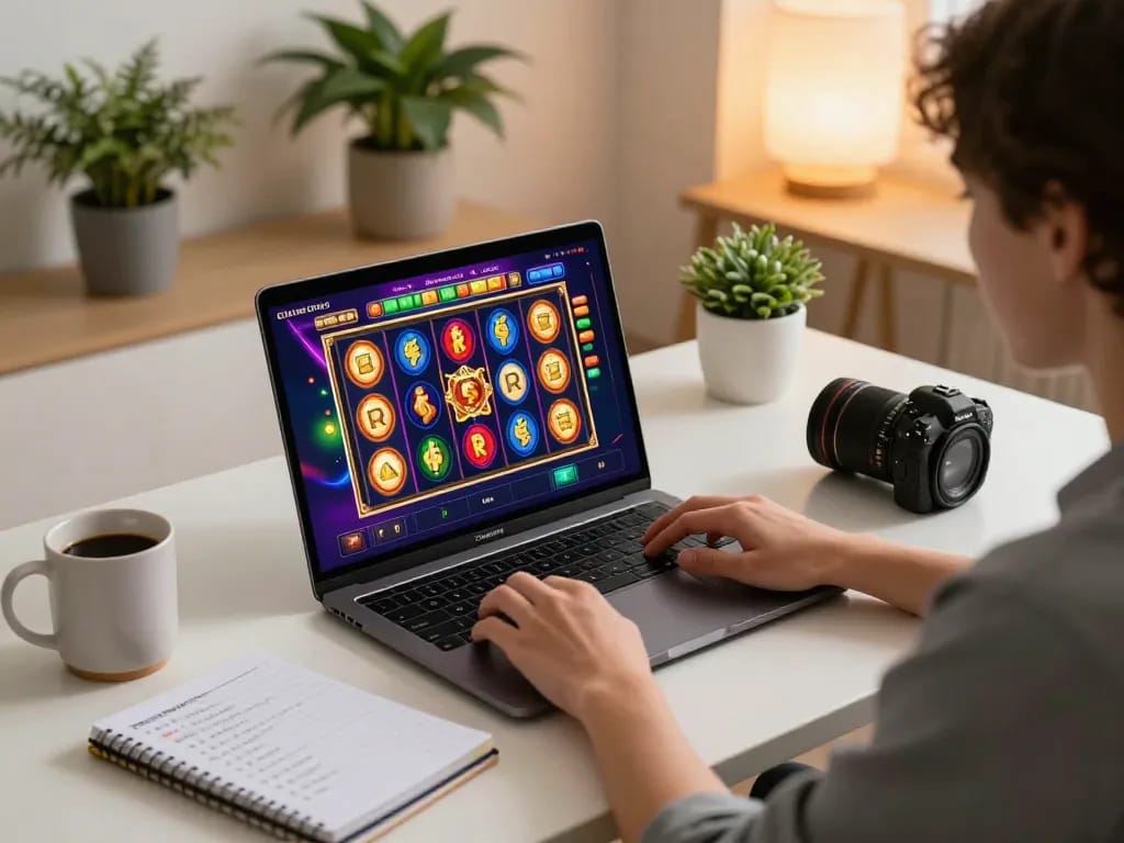 Engaged player spinning reels on slot online game from a cozy home setup with laptop and notebook.