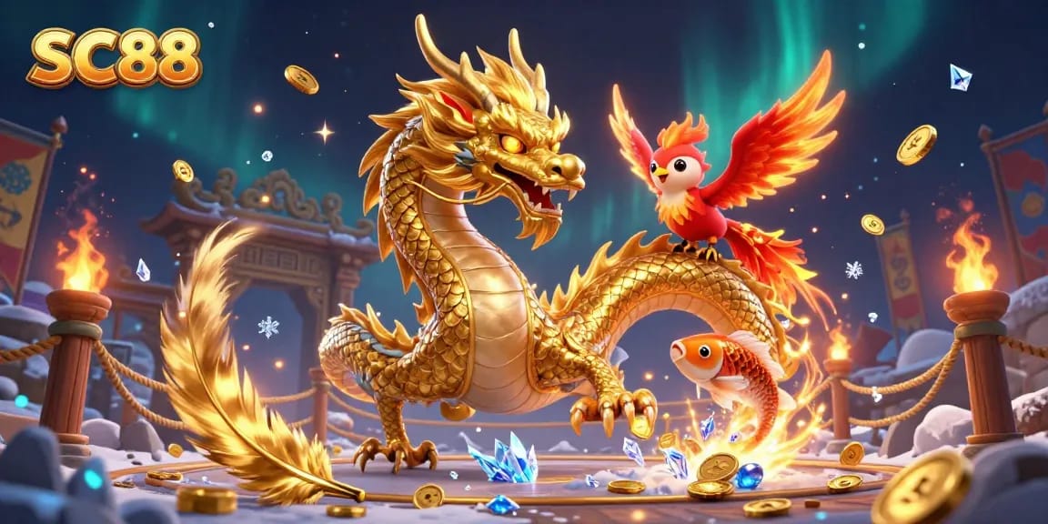 Experience exciting gameplay at SC88 with our stunning casino art featuring a Chinese dragon, phoenix, and koi fish.