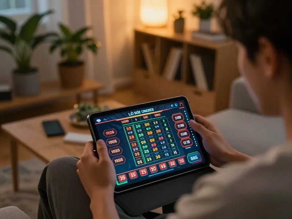 Lô đề online gaming in an inviting living room with strategic betting visible on the tablet screen
