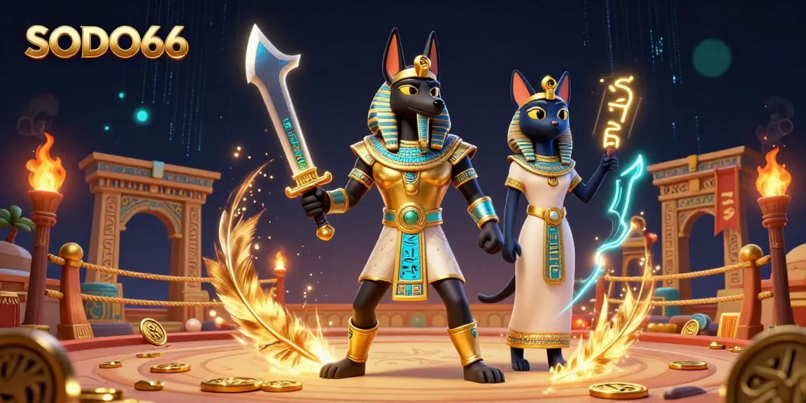 SODO66 features Anubis and Bastet in a vibrant 3D casino scene, showcasing intense gameplay and ancient charm.