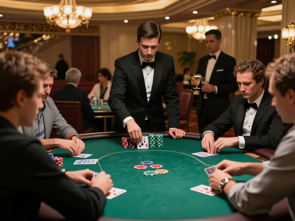 Players strategizing in a thrilling IDC88JOKER poker game at a luxurious casino table.