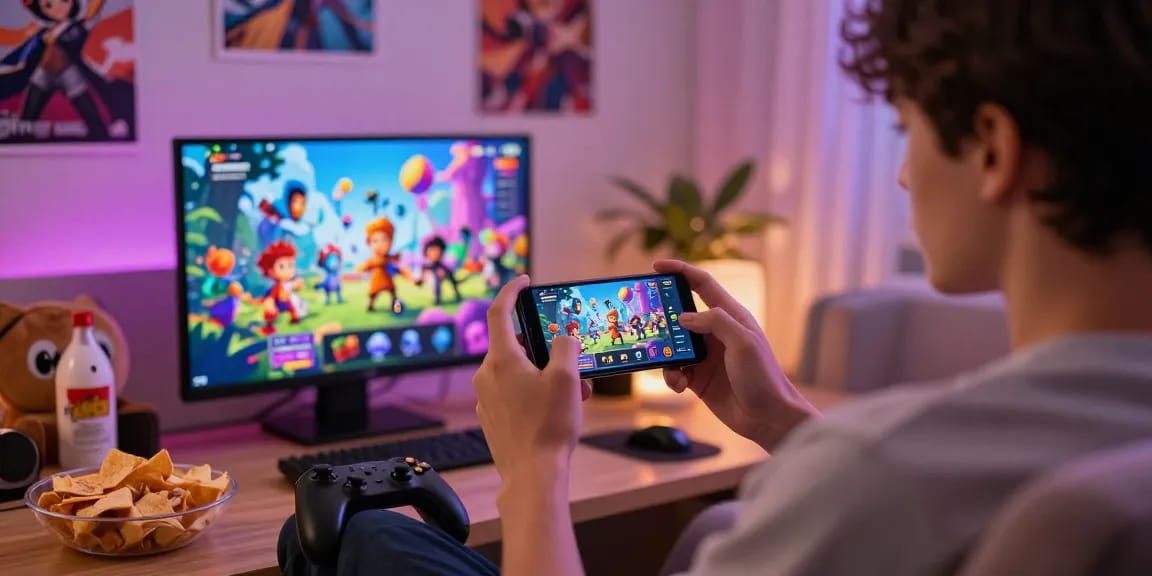 Engaged user playing free mobile porn games on a smartphone in a colorful, animated gaming environment.