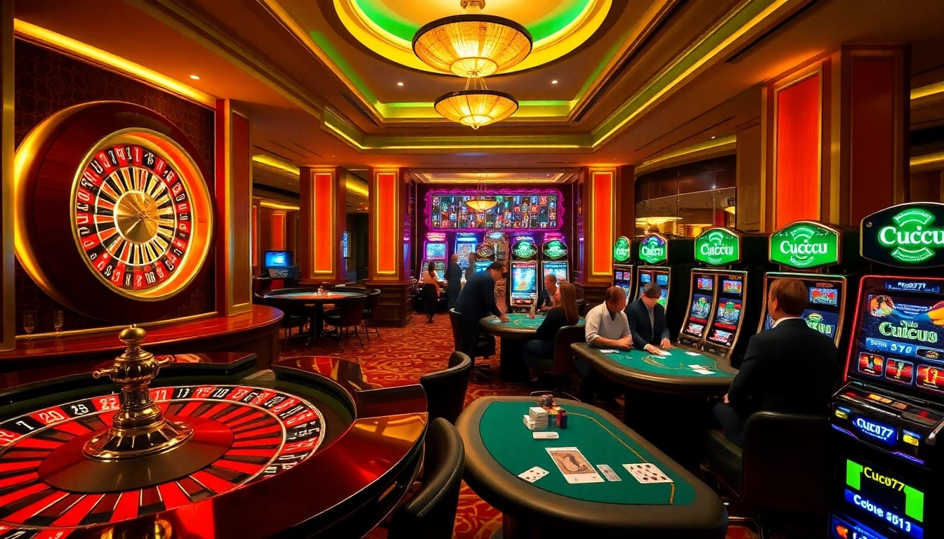Cucu777 captures the excitement of gambling with poker tables, roulette wheels, and vibrant slot machines.