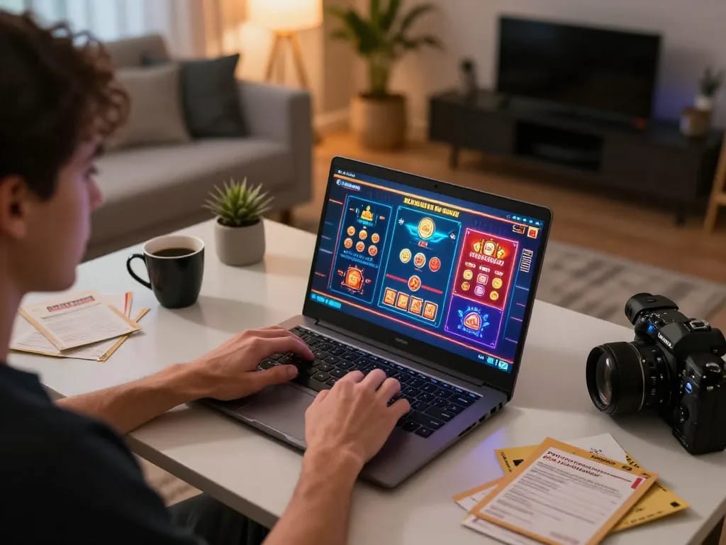 Gambler enjoying online gaming at home with gattovolpelago displayed on laptop screen, capturing immersive gaming experience