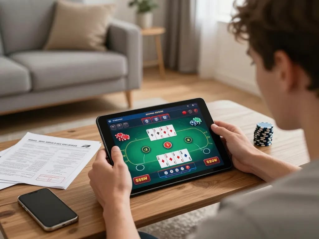 player enjoying live luck8 poker game on tablet in cozy home setting