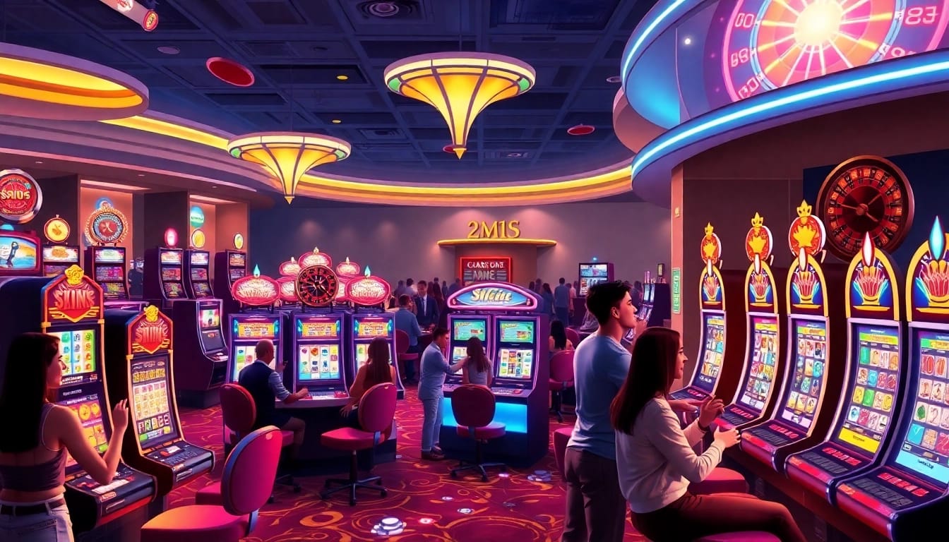 Players enjoying thrilling slot games at a vibrant casino with colorful machine lights.