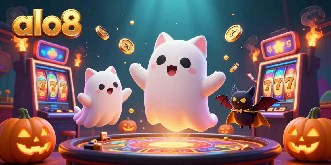 Alo8 engages players with a ghost cat and bat in a vibrant casino, showcasing slot machines and glowing jack-o-lanterns.