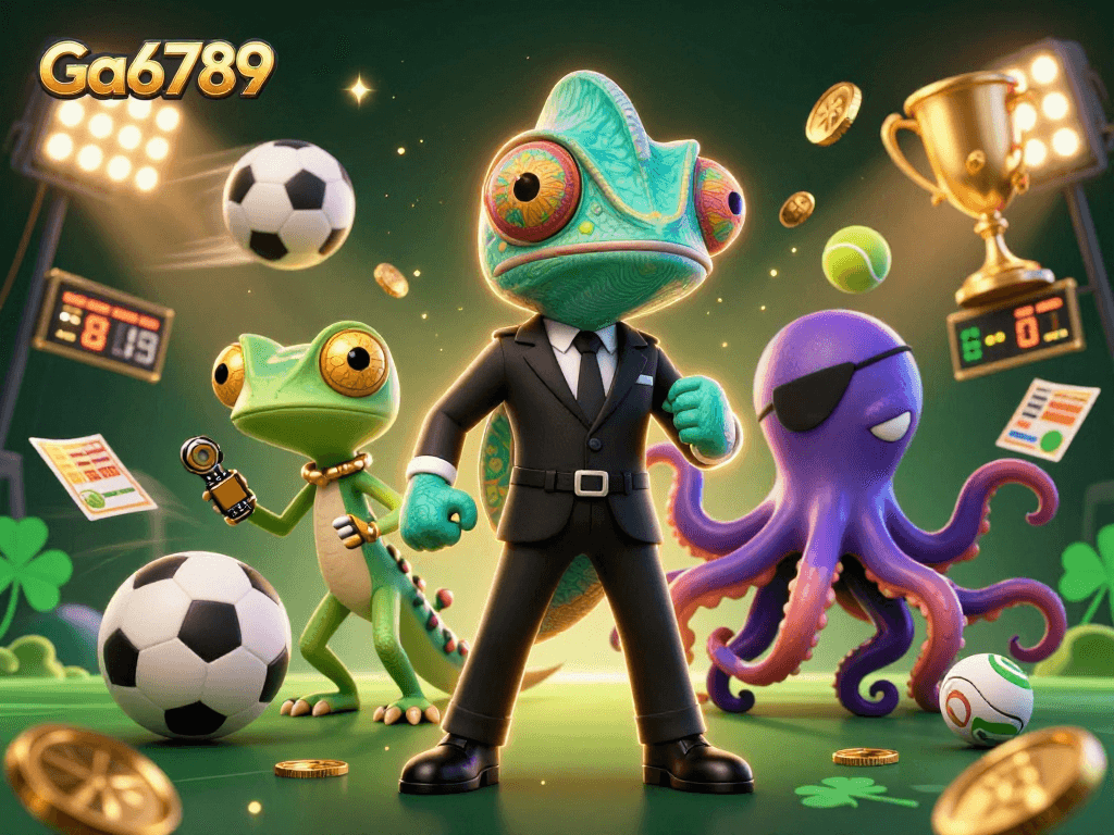 Ga6789 shows a dynamic scene with a chameleon, gecko, and octopus amidst sports betting elements.
