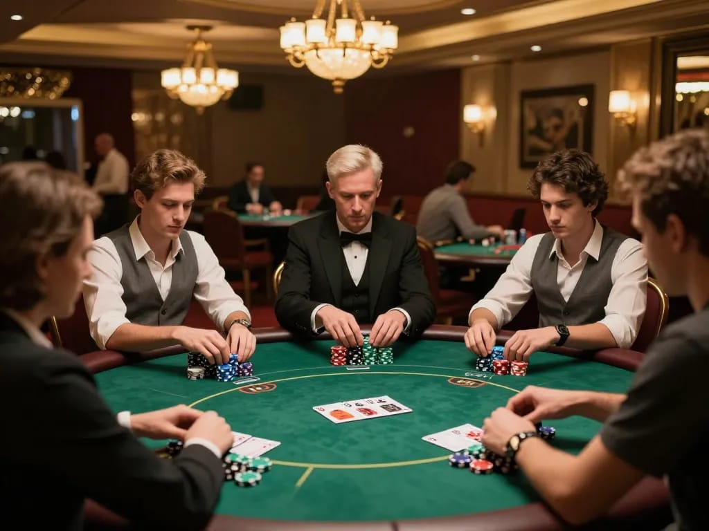LGOGOAL players strategizing at a poker table in a luxurious casino setting.