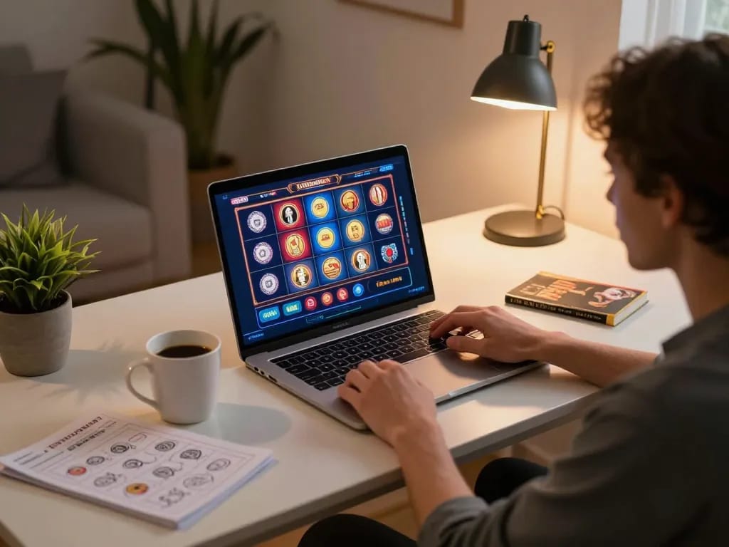 Player engaging with hitclub's online casino from a relaxed home gaming setup with vibrant displays.