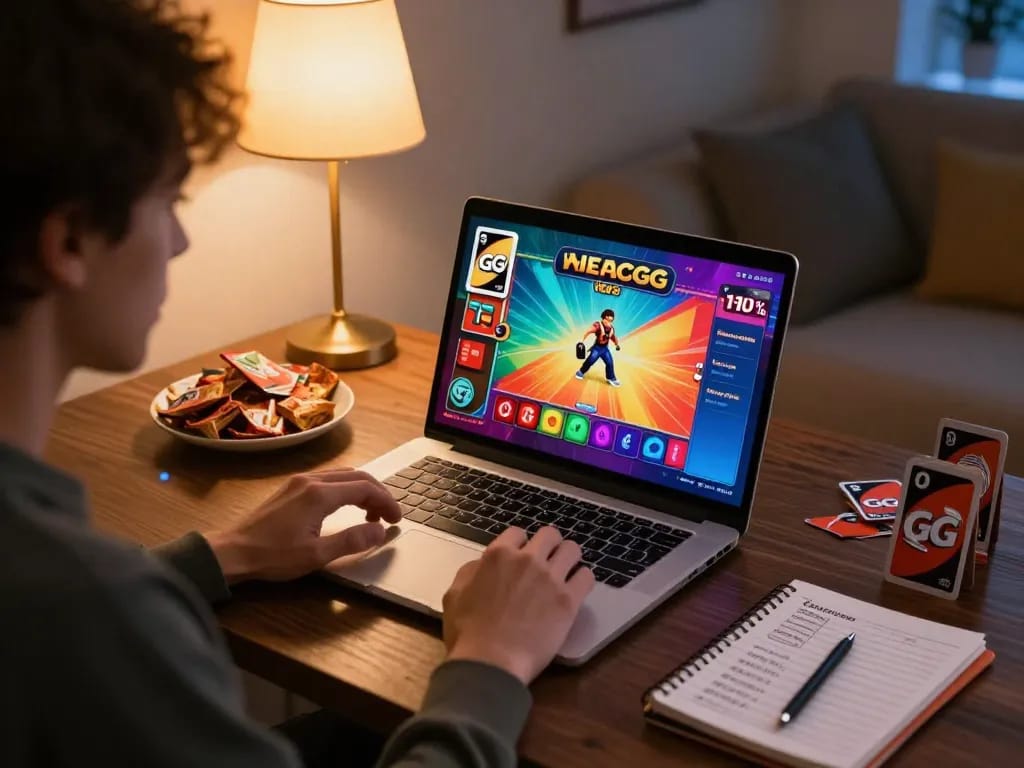 Player immersed in UnoGG online gameplay with colorful graphics at home