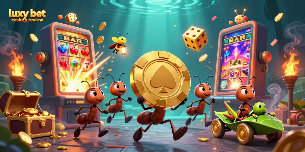 Experience the excitement of luxy bet casino review with ants executing a golden poker chip heist amid colorful casino elements.