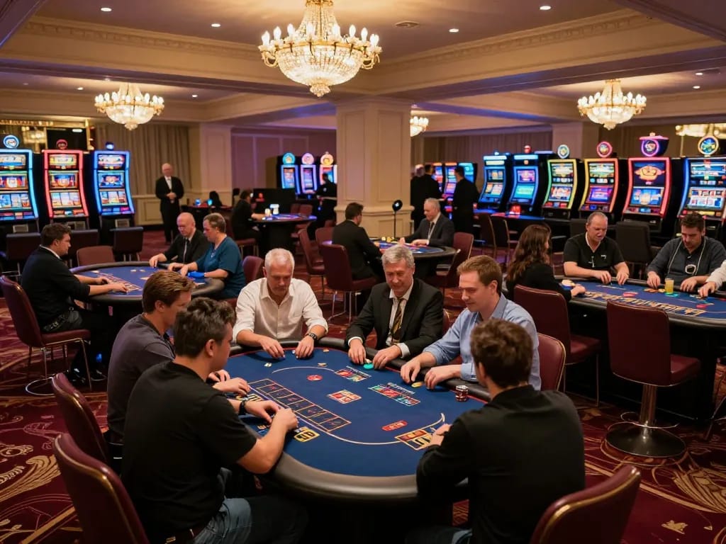 Players enjoying a thrilling poker game at the upscale casino, engaging with 11-hd's online platform for immersive gameplay