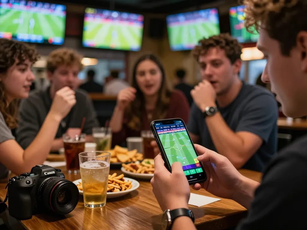 Player enjoying live betting on PH365 mobile app amid a lively sports bar atmosphere.