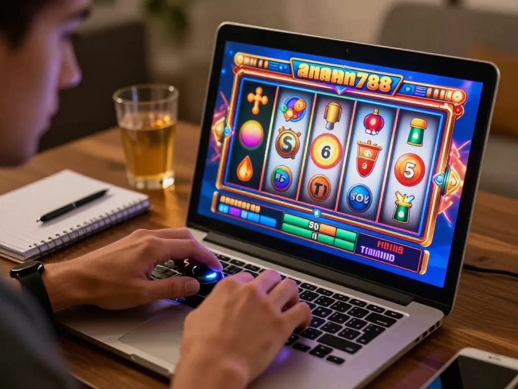 Pemain berinteraksi dengan mesin slot online aman788 di tablet, fokus pada gulungan yang berputar di lingkungan rumah yang nyaman