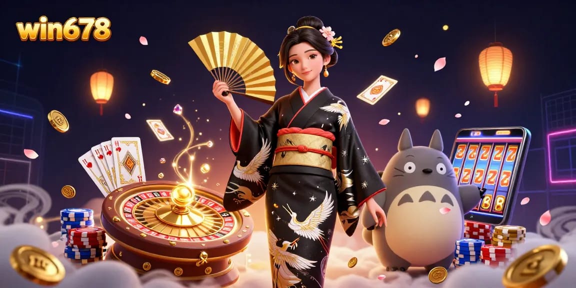 Experience lucrative wins with win678 featuring a woman in kimono, lucky casino symbols, and vibrant action.