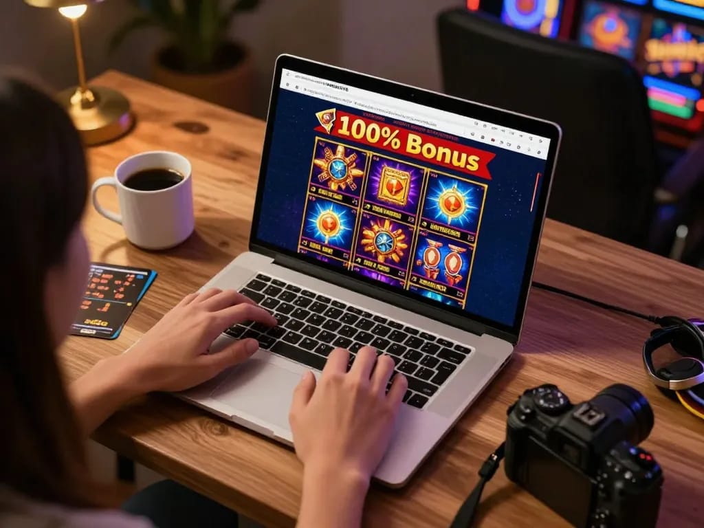 situs resmi INDOSLOT88 showing engaging slot games on a laptop, enhancing online gaming strategies.
