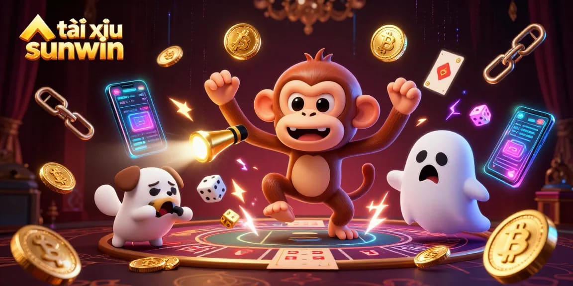 Engage in tài xỉu sunwin with a playful monkey juggles casino treasures amidst a thrilling game scene.