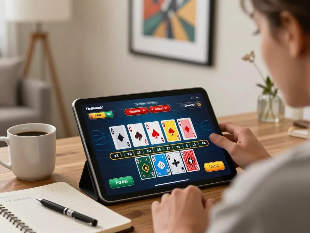 Player engaging in blackjack on a tablet while using kkwin app in a cozy living room.