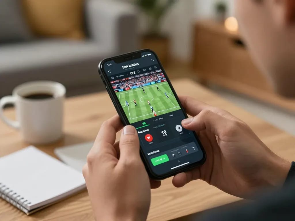 A player actively using the Nk88 link for sports betting on a mobile app in a cozy home setting