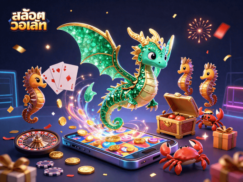 Spin the reels with สล็อตวอเลท, featuring vibrant casino elements and an enchanting sea dragon.