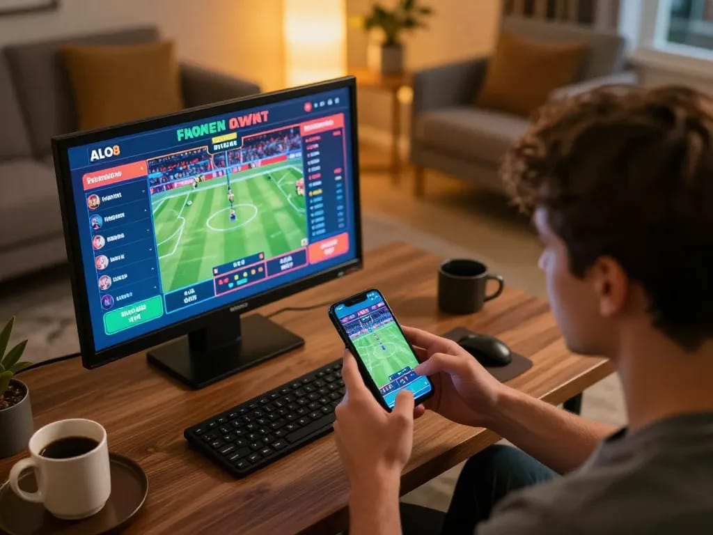 Player using smartphone for sports betting on ALO8, inviting atmosphere and vibrant screen.