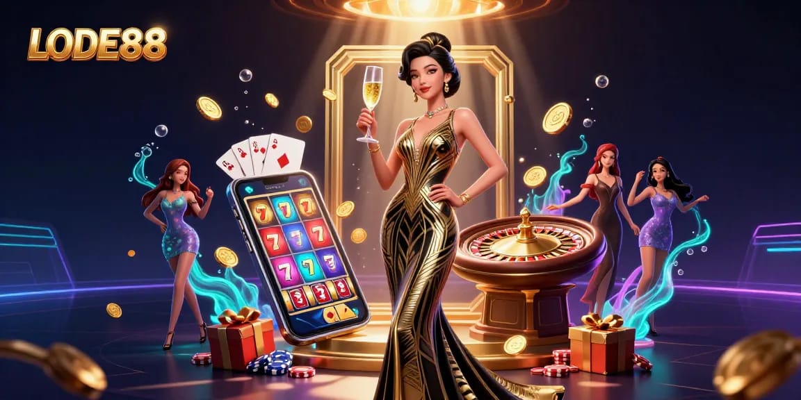 Engage with exciting LODE88 casino games and stunning visuals featuring a glamorous scene.
