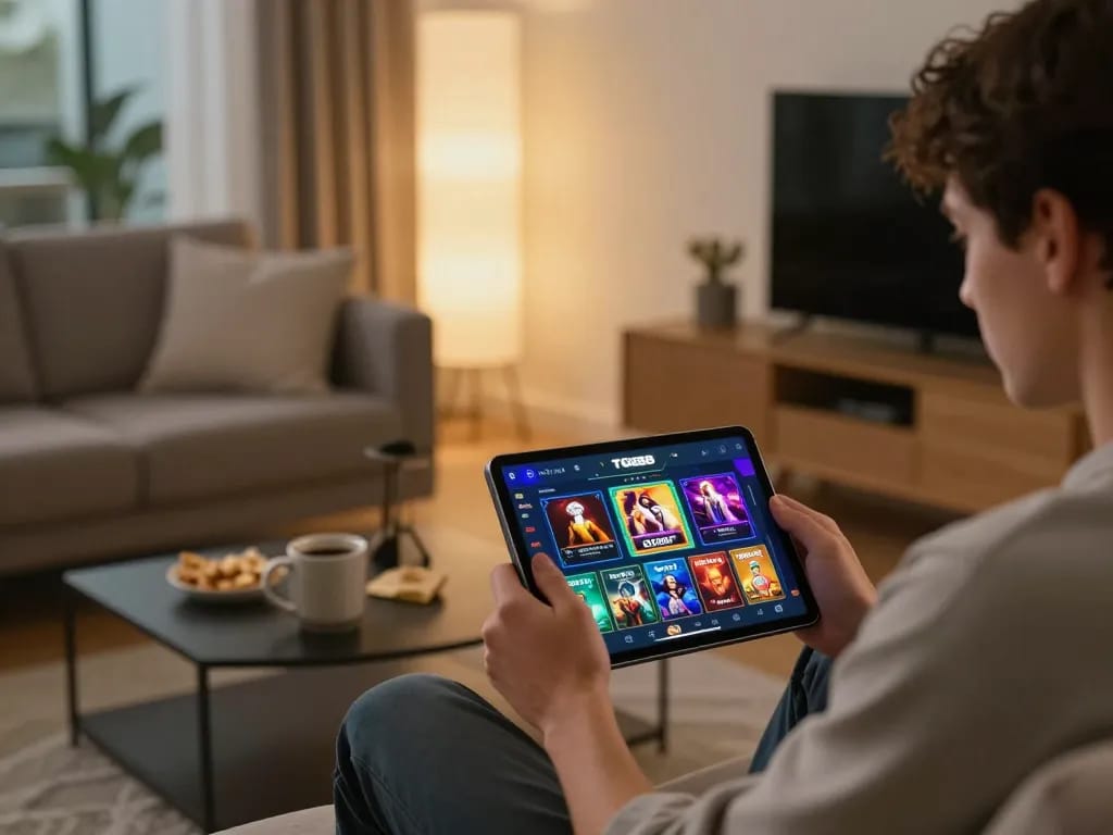 Player using TG88 casino app for online gaming in a cozy home setting