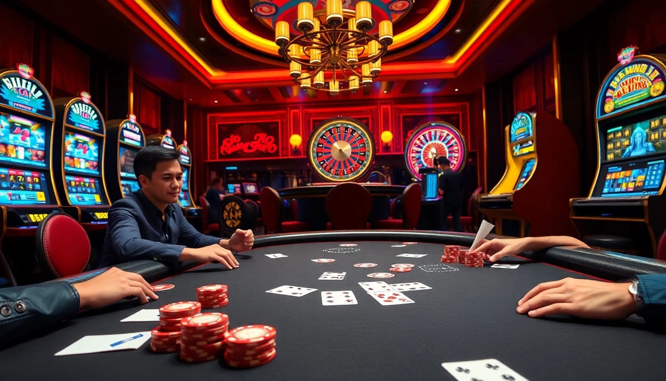 Experience the excitement of lc88.com with a vibrant casino scene showcasing poker, slots, and roulette.