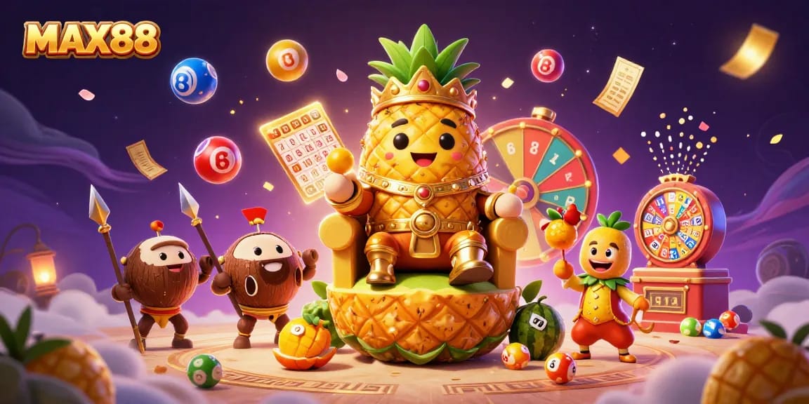 Experience MAX88 with vibrant lottery balls and a golden pineapple king at a dynamic beach casino.
