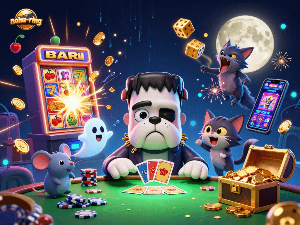 Experience excitement with nohu-ring as a ghost mouse floats through a vibrant casino scene.