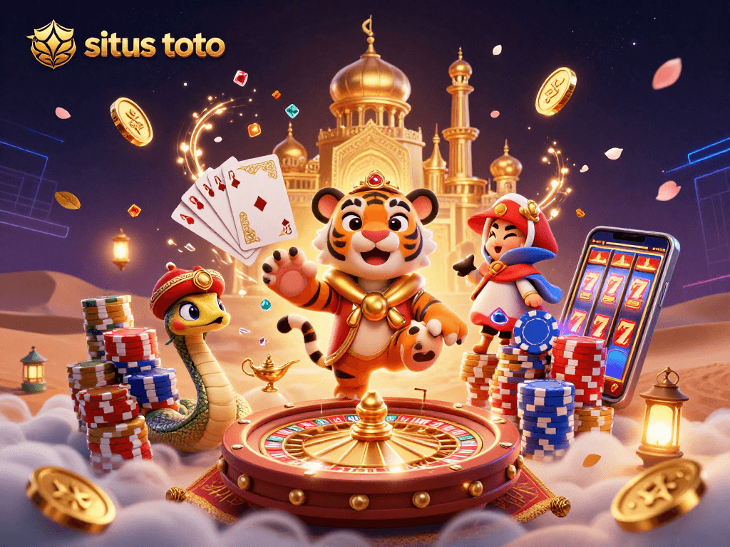 Play thrilling games on situs toto with a vibrant display of casino elements and characters.