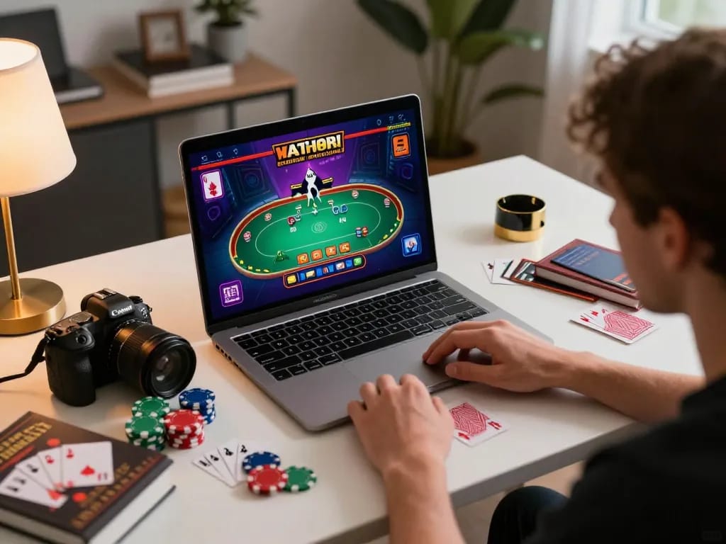 Engaging gameplay on KO66 online casino, player focused on poker laptop screen in a cozy setup