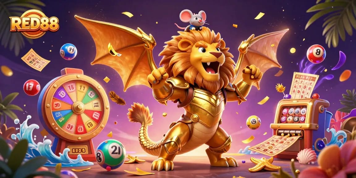 Experience the excitement of RED88 with a vibrant casino-themed illustration packed with dynamic gaming elements.
