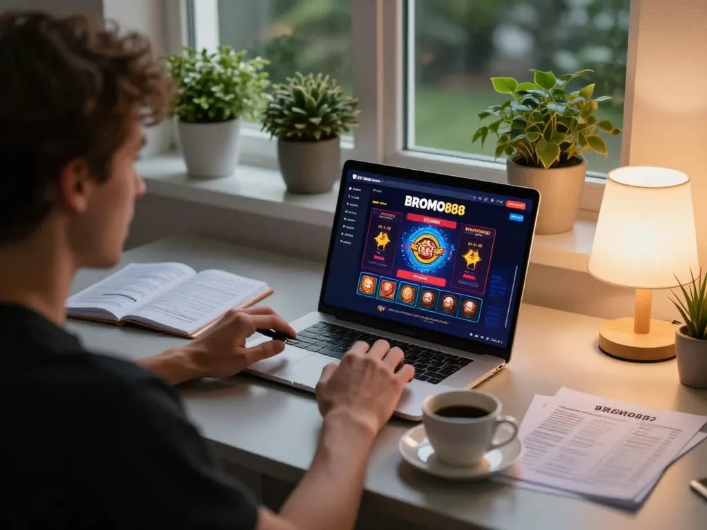 BROMO888 user engaged in online gaming strategy with laptop and coffee, creating a cozy setup