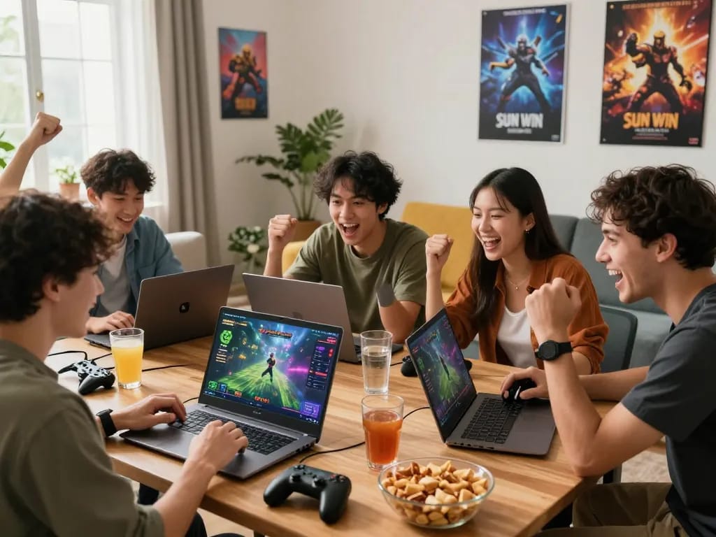 Exciting Sun Win online gaming scene with friends enjoying multiplayer gameplay in a vibrant living room setting.