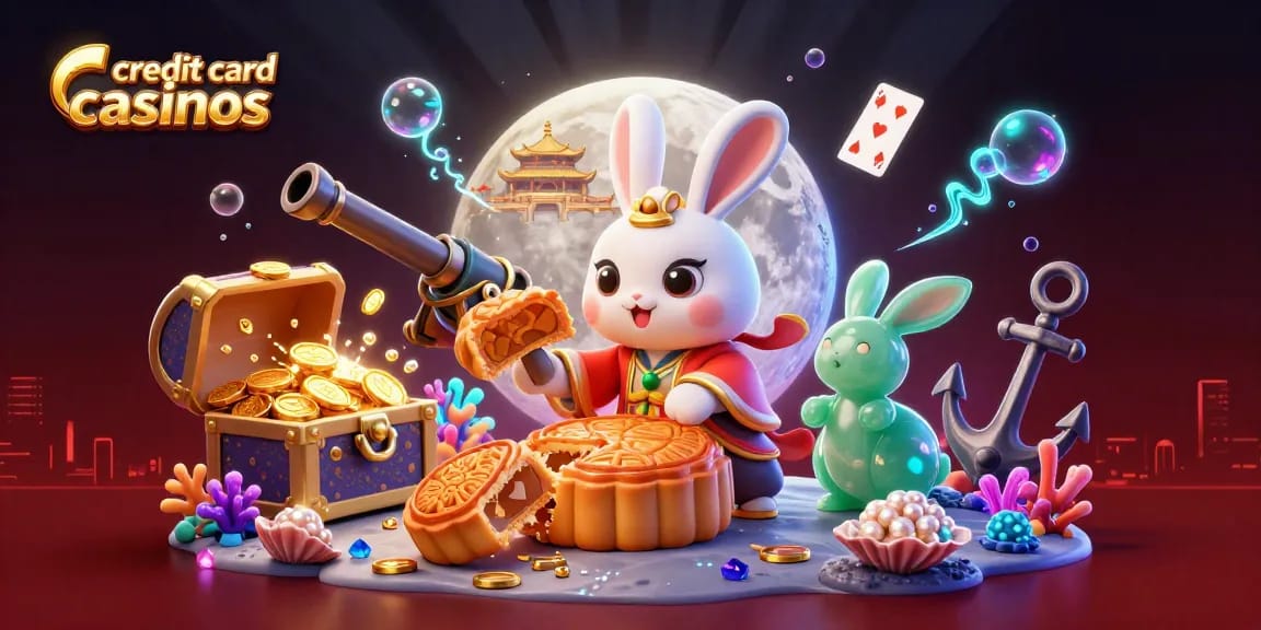 Engage with credit card casinos at this vibrant scene filled with moon rabbits and casino elements.