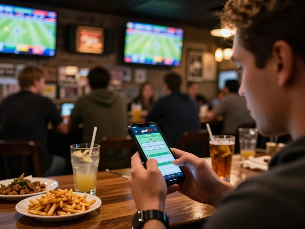 Person using the goal123 app for live sports betting at a lively sports bar