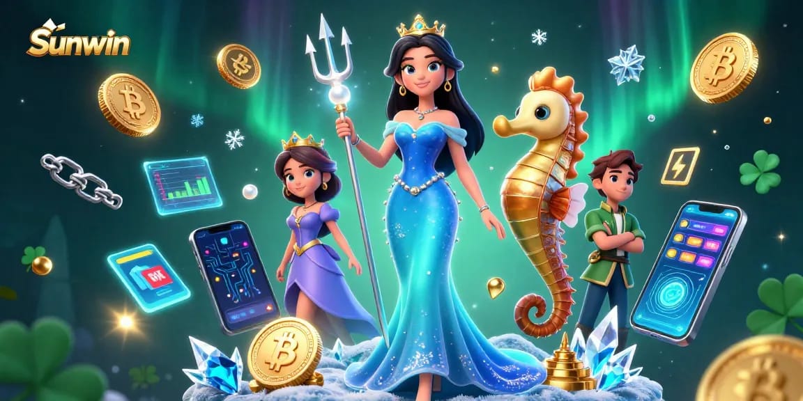 Experience winning thrills with Sunwin’s vibrant underwater casino scene showcasing stunning characters and crypto elements.